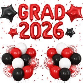 Red Black Graduation Decorations Class of 2026, GRAD 2026 Foil Balloons Banner with Black Red White Confetti Balloons, Star Helium Balloon for 2026 Graduation High School College Grad Party Supplies