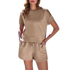 VINTATRE Tracksuits for womens 2 Piece Travel Outfits Tracksuits Short Sleeve Lounge Sets with Pockets Khaki-L