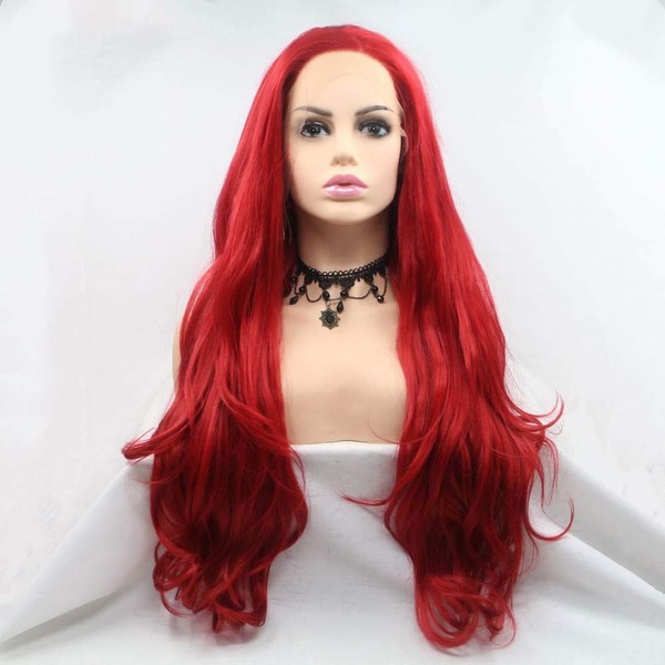 Melody Red Lace Front Wigs Free Part Long Wave Red Synthetic Lace Front Wigs For Women 180% Density Half Hand Tied Heat Resistant Fiber Hair 24 Inch