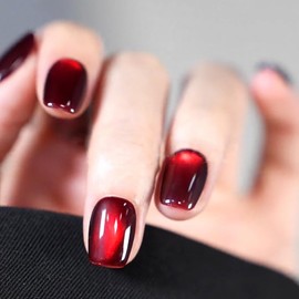 KKUUOO Wine Red Press on Nails Cat Eye Press on Nails Short Square Fake Nails Full Cover Glossy Nails Shiny Acrylic Nails Stick on Nails for Women and Girls Xmas Valentine's Day Manicure 24Pcs