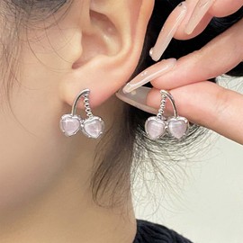 Allereya Vintage Crystal Moonstone Cherry Earrings Pink Rhinestone Cherry Stud Earrings Silver Opal Cherry Earrings Double Cherry Earrings Jewelry for Women and Girls