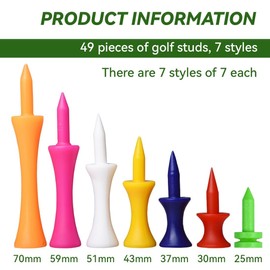XENQITO 49 Stück Golf Tees Kunststoff, 7 Größen, 25mm,31mm,37mm,43mm,51mm,59mm,70mm, Golf-Tees aus Kunststoff, Castle Golf-Tees, Langlebig Abstufung Castle Tee, Premium Langlebig Abstufung Castle Tee