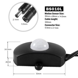 2 Pack BS010L DC 5V to 24V 5A Mini Pir Motion Sensor Switch, MELIFE Occupancy Sensor Switch for Gun Safe, Kitchen Cabinet, Pantry, Closet (Black-with DC Converter Cable)