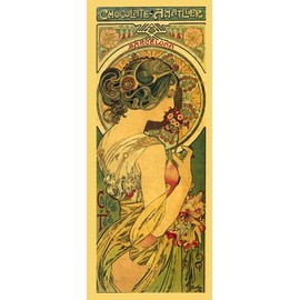 Chocolate Amatller Fashion Lady Girl with Flowers Coffee Tea 1899 By Alphonse Mucha Barcelona Spain 7" X 16" Image Size Vintage Poster Repro