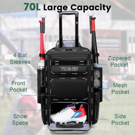 GOTECH Rolling Baseball Bag,Wheeled Softball Bag with Fence Hook for TBall Bat & Equipment,Lightweight Baseball Bat Bag with Shoe Compartment Black