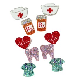 Pingyongchang 5 Pairs Nurses Day Stud Earrings Set Cute Funny Stethoscope Nurse Uniform Cap Tooth Heart Glitter Acrylic Earrings for Women Nurses Week Appreciation Jewelry Gift