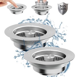 NinjaTiger Kitchen Sink Drain Strainer - 2-Pack Stainless Steel Sink Stopper 3-in-1 Pop-Up Sink Strainer with Anti-Clogging Basket Odor Filter Sink Drain Cover Plug for US Standard 3-1/2 Inch Drain