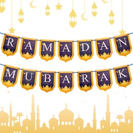 Eid Mubarak Ramadan Decorations Set, Eid Mubarak Banner for Home Hanging, Gold and Blue Ramadan Decoration Bunting Banners for Ramadan Party Holiday Home Decorations