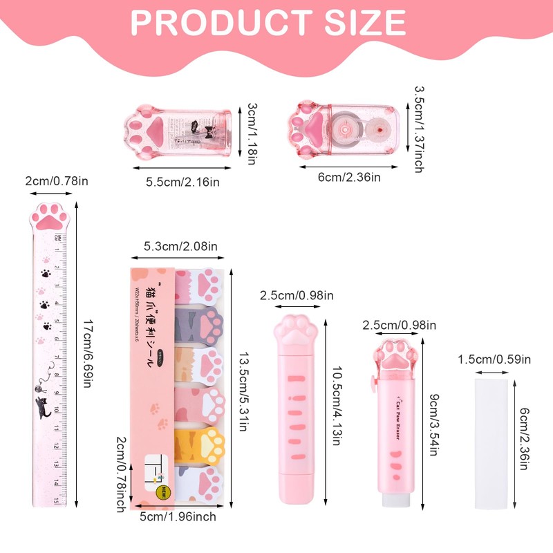 TIESOME Cute Cat Paw Stationery Set, 7 Pcs Kawaii Cartoon