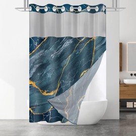 SSCRCUSLY No Hook Blue Marble Shower Curtain with Snap in Fabric Liner Set, Luxury Modern Hotel Style, See Through Mesh Top Window, 71x74 Inches