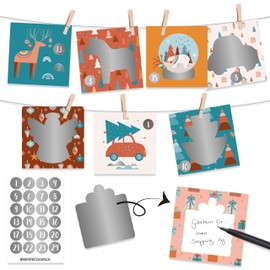Papierdrachen Individual Advent Calendar with Scratch Cards 12 x 12 cm - 24 Cards to Personalise, 24 Number Stickers (Silver), Cord & 24 Clips for Hanging - Boho Nordic Christmas - Set 1