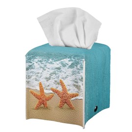 Pzuqiu Beach Starfish Tissue Box Cover PU Leather Tissue Holder Square Facial Tissue Case Paper Organizer Dispenser for Bathroom Vanity Countertop Tabletop Car