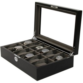 Tech Swiss 12 Watches Black Finish Wood Compartments - Open Box