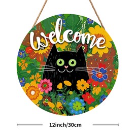 Welcome Spring Black Cat Sign for Front Door Decor Spring Summer Flowers Door Hanger for Outdoor Outside Porch Seasonal Summer Farmhouse Wooden Wreath Colorful Wall Hanging Decoration 12"x12"