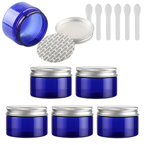 TIANZD Pack of 6 Small Plastic Empty Cream Jars with Silver Lid, Screw Box, Cosmetic Containers, 6 Spatulas, blue