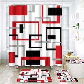ArtSocket Geometric Red and Gray Bathroom Set with Shower Curtain and Rugs Accessories, Black and Gray Modern Red Shower Curtain for Bathroom, Red Bathroom Decor 4 Pcs