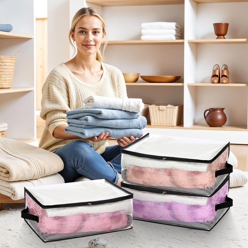 6Pcs Clear Blanket Storage Bags with Zipper, Plastic Storage Bags