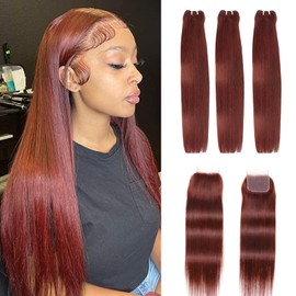 HERMOUS 12A Reddish Brown Bundles Human Hair With Closure 16 18 20+16 Double Drawn Auburn Weave Bundles With Closure Copper Red Brown Sew In Colored Straight Quick Weave Hair Bundles With Closure