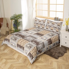 Gray Brown Grid Bedding Set Twin Size for Kids Boys Bedroom,Pine Tree Silhouette Bed Duvet Cover Set,Camping Comforter Cover Camper Decor 2 Pieces 1 Duvet Cover with 1 Pillowcase No Comforter