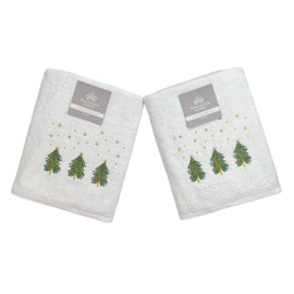 Luxury Holiday Christmas Towels, Embroidered Plush 100% Cotton, Set of 2, Machine Washable (Green Trees, 54" x 27")