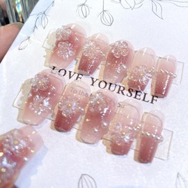 SINHOT Luxury Press on Nails - Medium Coffin Fake Nails 3D Handmade Flower & Pearls Reusable False Nails with Rhinestone Designs,DIY Artificial Nail Art, 24pcs