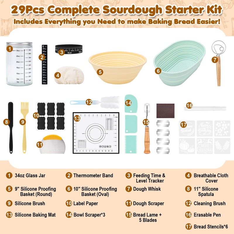 HK Sourdough Starter Kit, Sourdough Bread Baking Supplies with 9''