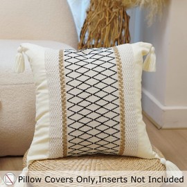 Virexen Boho Throw Pillow Covers 18x18 Set of 2 Farmhouse Neutral Pillow Covers with Tassels Textured Woven Pillow Covers Bohemian Decorative Pillows Covers for Bed Couch Sofa Living Room,
