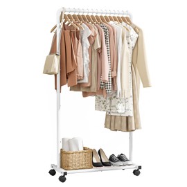 Sakugi Clothes Rack - Clothing Rack with Storage Mesh Shelf & Casters, Heavy-Duty Metal Clothing Rack for Hanging Clothes, Dresses, Coats, Large Load Capacity, Easy Assembly, White, 28.0"x16.9"x59.0"