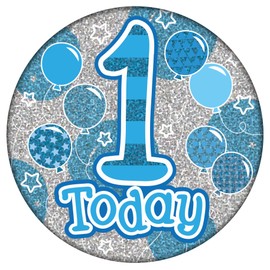 Age 1 Birthday Badge Blue And Silver Holographic Recyclable 1st Birthday Party Badge