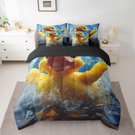 Erosebridal Yellow 3D Rubber Duck Comforter Set Full 7 Piece Funny Swimming Duck Bed in a Bag for Kids Boys Girls Room Decor,Cute Animal Bedding Set with 2 Sheets,2 Pillowcases,2 Throw Pillow Covers