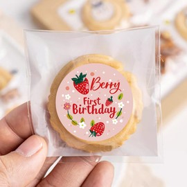 120 Pcs Pink Strawberry Birthday Thank You Stickers – 1.6" Round Red Berry Party Favor Labels – Girl 1st Birthday Decoration for Cookie, Treat Bags & Party Supplies