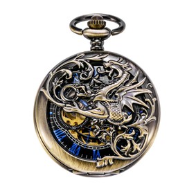 TREEWETO Mens Antique Mechanical Pocket Watch Dream Dragon Skeleton Bronze Tone with Double Covers Gift for Man