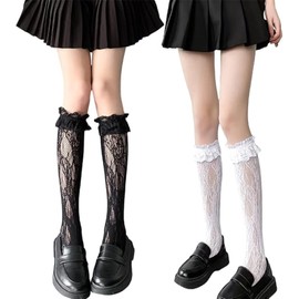 Kumoi Women's Full Lace High Socks, 2 Pairs Set, Lace Socks, Lolita Socks, Girls, Cute, Thin, Breathable, Sheer, Junior, Stockings, High Socks, For School Commutes, Commutes, Graduations, Cosplay and