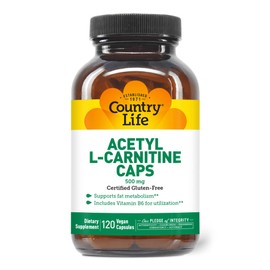 Country Life Acetyl L-Carnitine Caps, with Vitamin B-6 to aid in Utilization, 500mg, 120 Vegan Capsules, Certified Gluten Free, Certified Vegan, Certified Halal