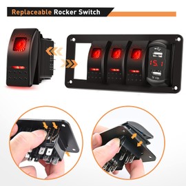 GOOACC 4 Gang Rocker Switch Panel Red Backlit with 4.8 Amp Dual USB Charger Voltmeter Waterproof 12V 24V DC Rocker Switch with Night Glow Stickers for Car Trucks Boats RVs,2 Years Warranty