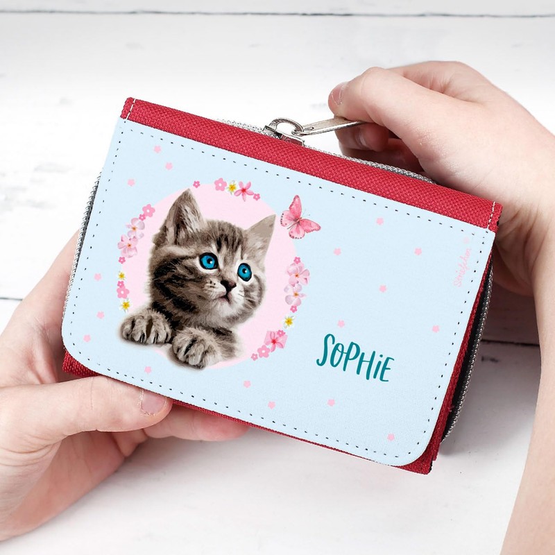 Striefchen® Girls Wallet with Cat and Name of Choice, red,