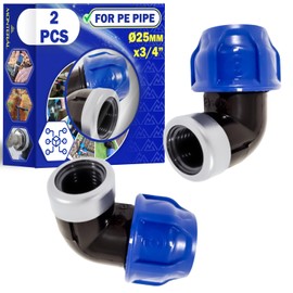 2 Pieces Elbow Adapter Ø 25 mm x 3/4″ with Angle 90° and Female Thread Reinforced with Galvanised Steel Ring Made of Polypropylene PP for Connecting Polyethylene PE Pipes - MONTERAL