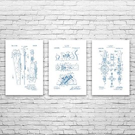 Patent Earth Woodworking Workshop Posters Set of 3 (20x30), Handyman Gift, Shop Class Art, Saw Blueprint, Workshop Decor, Carpenter Gift Blue & White