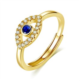 PAENENPH 14K Gold Over 925 Sterling Silver Adjustable Evil Eye Ring with Sapphire and Moissanite, S925 Sterling Silver Protection Band, Jewelry for Women (Yellow Gold)