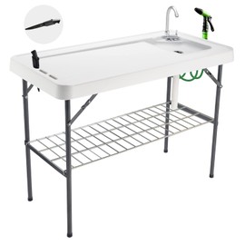 Avocahom Folding Fish Cleaning Table Portable Camping Sink with Faucet Drainage Hose & Sprayer Outdoor Fillet Station Grid Rack Knife Groove for Picnic Fishing, Black