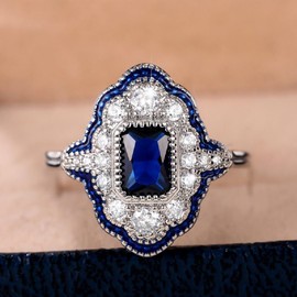 Ganquya Vintage Turkish Style Peacock Blue Gemstone Ring Jewelry Gift for Women, Court Style Emerald cut Blue & White Cubic Zirconia Wedding Ring Jewelry Size 6-10 (6)
