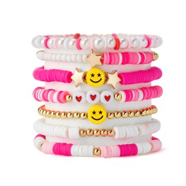 LieToi 7Pcs Preppy Heishi Bracelets Kit Hot Pink Smile Heart Star Beaded Surfer Bracelets Polymer Clay Pearl Stackable Disc Summer Beach Layering Bracelets Y2K Stretch Boho Jewelry for Women