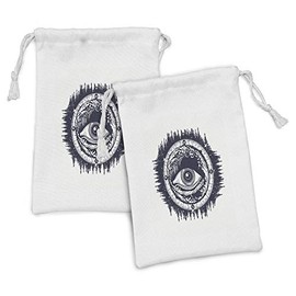 Ambesonne Compass Fabric Pouch Set of 2, All Seeing Eye Compass with Windorse Art Wild Nature Mountains Illustration, Small Drawstring Bag for Toiletries Masks and Favors, 9" x 6", Dark Blue White