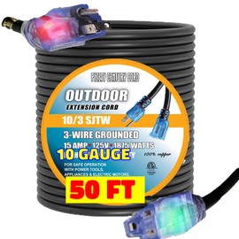 pizety 50 ft 10 Gauge Power Extension Cord 10/3 Contractor Grade 50 ft Extension Cord with Lighted Ends Heavy Duty Indoor Outdoor SJTW Rated 1875 Watts 3 Prong Cords Flexible Copper Black 10 awg