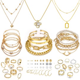 IFKM IFKM Gold Plated Jewelry Set with 5 PCS Necklace, 14 PCS Bracelet, 20 Pairs Earring, 20 PCS Knuckle Rings for Women Valentine Anniversary Birthday Friendship Gift