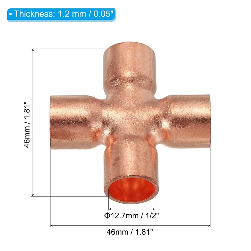 PATIKIL 1/2"(12.7mm) Copper Cross Pipe Fitting, 4 Pcs 4 Way