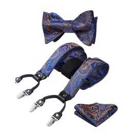 Hisdern Men's Braces, Wide Bow Tie and Pocket Handkerchief Set, Elastic and Adjustable Length in Various Designs - A14