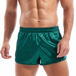 AMY COULEE Mens Satin Shorts Silk Boxers Sexy Split Side Lounge Shorts 3 Inch Pajama Bottoms (M, Green)