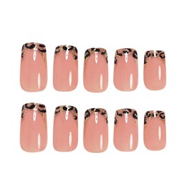 French Tip Press on Nails Short Square Fake Nails with Leopard Print Designs Glossy Glue on Acrylic Nails Nude Pink False Nail Press ons for Women 24Pcs