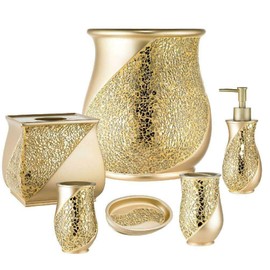 6 Piece Sinatra Resin Bath Accessory Set, Cracked Glass, Champagne Gold